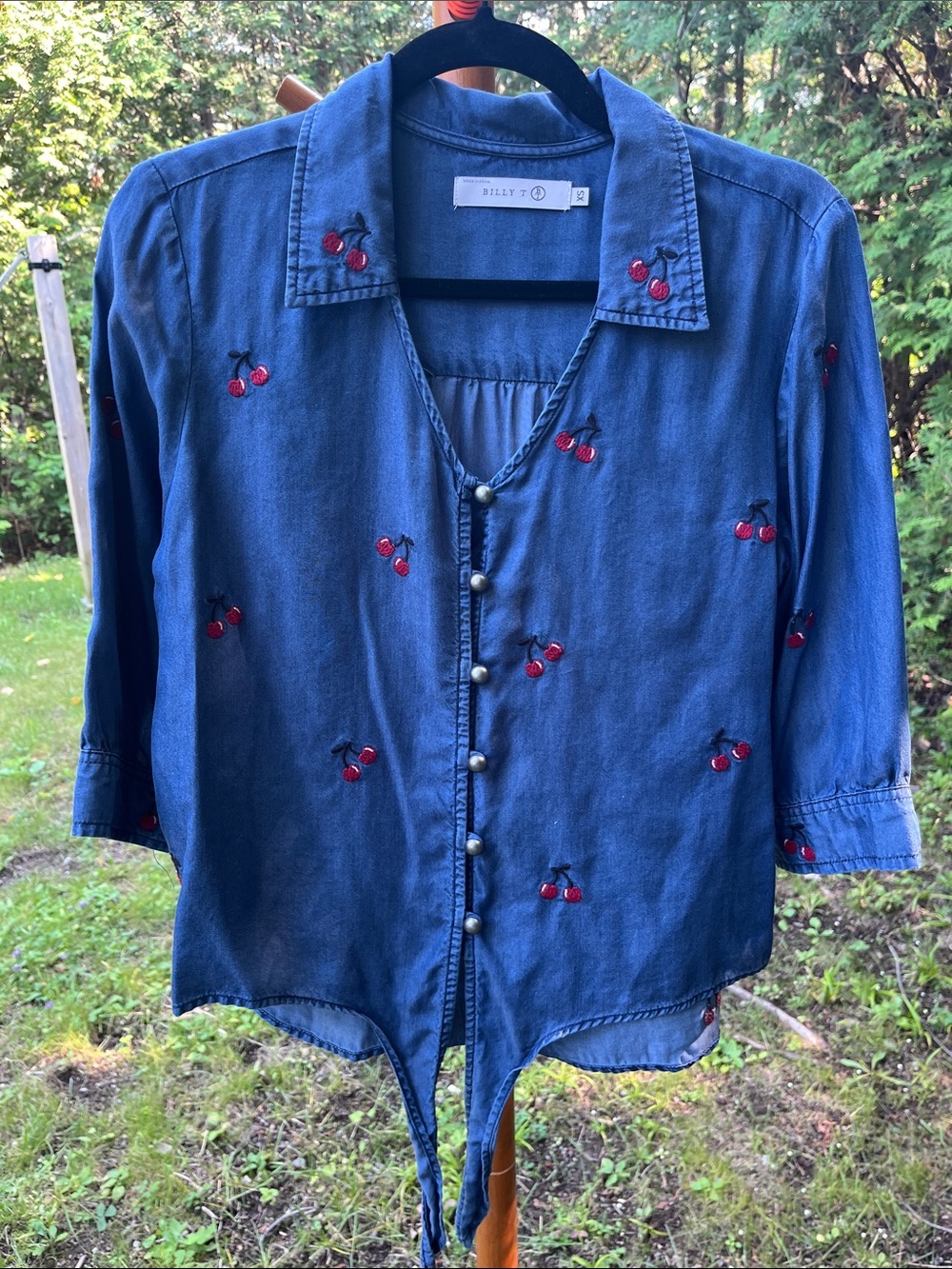 Women’s Blue Cherry-Embroidered Button Front Shirt - Silly T